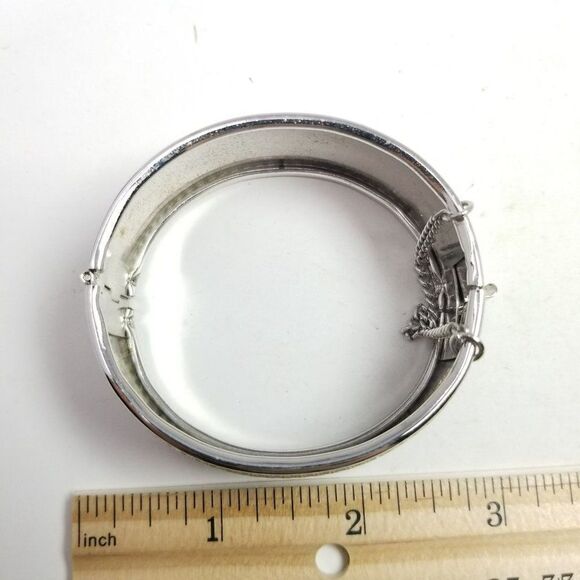 Vintage Wide Silver Tone Bangle Bracelet with Micro Square Design, Retro Hinged - Picture 5 of 7